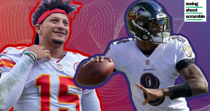 Patrick Mahomes playing for the Chiefs, and Lamar Jackson playing for the Ravens